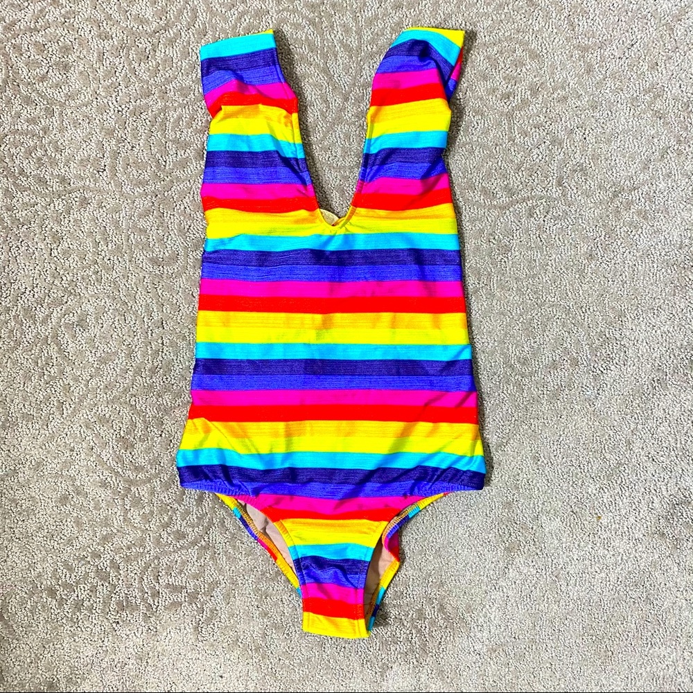 NWT Colorful Sexy One-piece Swimsuit PURCHASED IN BRAZIL Open Back Brass Detail